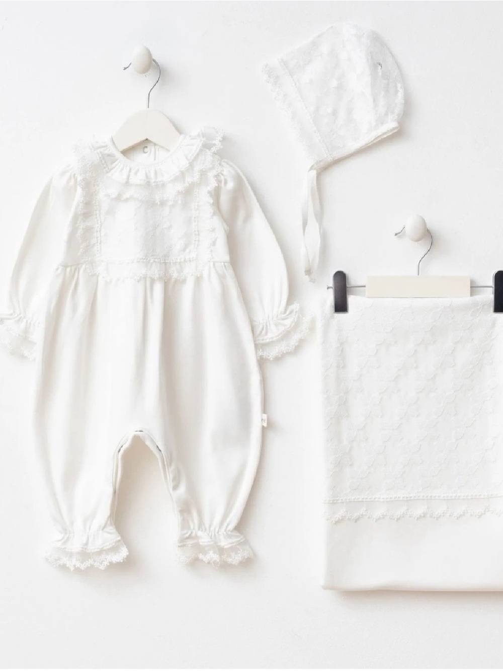 Delicate White Baby One-Piece with Bonnet and Blanket Set